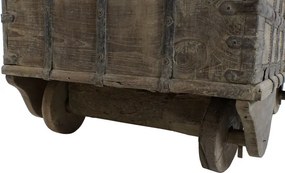 Cufăr vintage din lemn de tec, natur, pe roți din lemn, cu feronerie din fier, finisaj patinat, 87 x 118 x 66 cm, „Legacy”