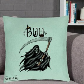 Perna Decorativa Halloween Boo Grim Reaper cu Coasa, 40x40 cm, Verde Menta, Husa Detasabila, Perna Inclusa, BEKZ®