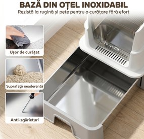 PawHut Litieră Acoperită 3 în 1 pentru Pisici, 68 L, cu Capac, Tavă Detașabilă din Oțel Inoxidabil, Lopățică, Alb și Gri | Aosom Romania