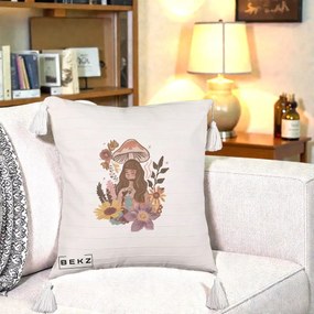 Perna Decorativa Fata Ciuperca Boho Florala, 40x40 cm, Bej cu Franjuri, Husa Detasabila, Perna Inclusa, BEKZ®