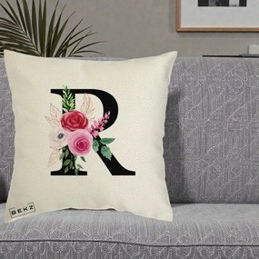 Cadou Personalizat - Perna Personalizata Monograma Florala Litera R, 40x40 cm, Ecru, Husa Detasabila, Perna Inclusa, BEKZ®
