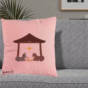 Perna Decorativa Ieslea din Betleem cu Iesle Asin si Bou, 40x40 cm, Roz, Husa Detasabila, Perna Inclusa, BEKZ®