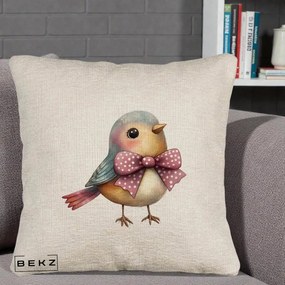 Perna Decorativa Pasare Bleu cu Fundita Roz, 40x40 cm, Bej Canapea, Husa Detasabila, Perna Inclusa, BEKZ®