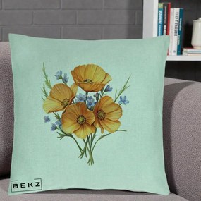 Perna Decorativa Maci Portocalii cu Floricele Albastre, 40x40 cm, Verde Menta, Husa Detasabila, Perna Inclusa, BEKZ®