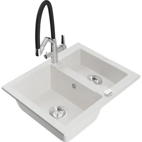 Mexen Carlos chiuvetă de granit cu 1,5 compartiment și baterie de bucătărie Duo, Albă - 6518-20-671701-07