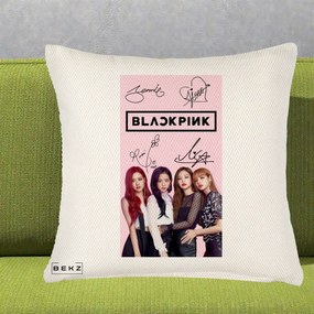 Perna Personalizata K-pop BLACKPINK Semnaturi si Foto, 40x40 cm, Crem Reliefat, Husa Detasabila, Perna Inclusa, BEKZ®