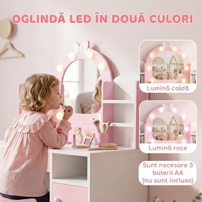 AIYAPLAY Set măsuță de toaletă pentru fetițe 2 în 1, cu taburet și oglindă, lumini în 2 culori, sertar și rafturi, roz | Aosom Romania