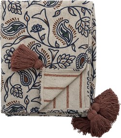 Pătură din bumbac reciclat, natur, cu model botanic în stil vintage, cu ciucuri maro, „Paisley", 160 x 130 cm