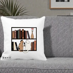 Perna Personalizata Pisici si Carti pe Raft, 40x40 cm, Alba Mata, Husa Detasabila, Perna Inclusa, BEKZ®