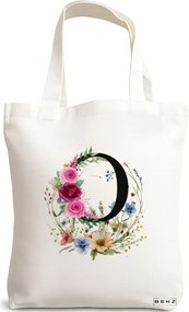 Sacosa de Panza pentru Cumparaturi, Geanta Tote, Cu litera O in Coronita Florala, 38x34.5 cm, Alba, BEKZ®