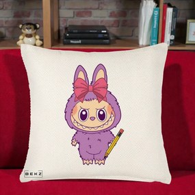 Perna Personalizata Labubu Mov cu Funda Rosie si Creion, 40x40 cm, Crem Reliefat, Husa Detasabila, Perna Inclusa, BEKZ®
