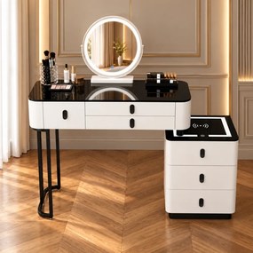 Set MARGOT LONG – Masă de Toaletă pentru Machiaj, Oglindă Alba iluminată LED, Control Touch, 6 sertare, Comoda, Difuzor Bluetooth, Zona încărcare fără fir + USB, Taburet, Alb, 100x40x75 cm