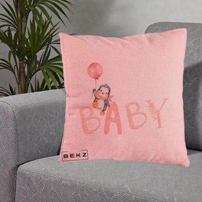 Perna Personalizata Baby Pinguin Roz, 40x40 cm, Roz, Husa Detasabila, Perna Inclusa, BEKZ®