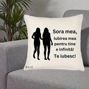 Cadou pentru Sora - Perna Personalizata Sora Mea Te Iubesc Siluete Negre Tinand Maini, 40x40 cm, Crem Reliefat, Husa Detasabila, Perna Inclusa, BEKZ®