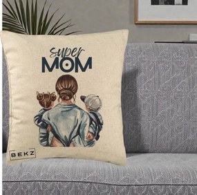 Cadou pentru Mama - Perna Personalizata Super Mom, 40x40 cm, Bej, Husa Detasabila, Perna Inclusa, BEKZ®