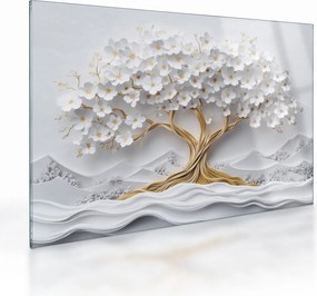 Tablou pe sticlă – Arborele vieții 3D plin de flori (70x50 cm)