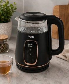 Fierbător electric Oliver Voltz OV51230AF, 2200 W, 1,7 l, 4 moduri, 13 setări de temperatură, afișaj LCD, comandă tactilă, negru/roz auriu