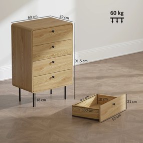 HOMCOM Comodă 4 sertare, mobilier de depozitare îngust cu picioare din oțel, colțuri rotunjite, 60 x 39 x 91,5 cm, stejar | Aosom Romania