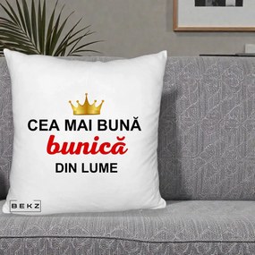 Cadou pentru Bunica - Perna Personalizata Cea Mai Buna Bunica Din Lume Coroana Aurie, 40x40 cm, Alb Pufos, Husa Detasabila, Perna Inclusa, BEKZ®
