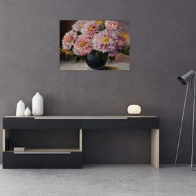 Tablou pe sticlă - Pictură în ulei, flori în vază (70x50 cm)