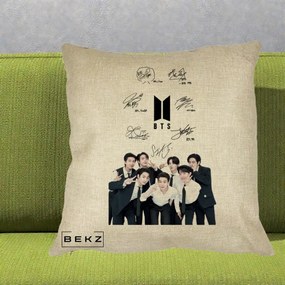 Perna Personalizata K-pop BTS Autografe Toti Membrii cu Fotografie, 40x40 cm, Crem, Husa Detasabila, Perna Inclusa, BEKZ®