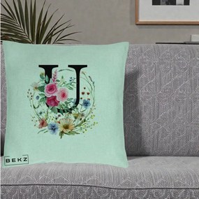 Cadou Personalizat - Perna Personalizata Monogram Litera U cu Flori Acuarela, 40x40 cm, Verde Menta, Husa Detasabila, Perna Inclusa, BEKZ®