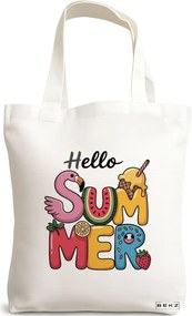 Sacosa de Panza pentru Cumparaturi, Geanta Tote, model Hello summer 2 38 x 34.5 cm, Alba, BEKZ®
