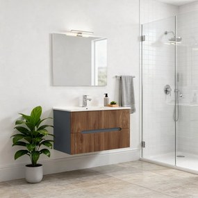 Trent Mobilier de baie 80 cm lavoar ceramic (2 sertare) cu oglindă 60x80 cm gri antracit - stejar apus de soare