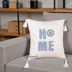 Perna Decorativa HOME Iarna cu Coroana, 40x40 cm, Bej cu Franjuri, Husa Detasabila, Perna Inclusa, BEKZ®