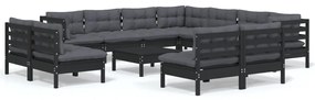 Set mobilier gradina cu perne, 12 piese, negru, lemn masiv pin Negru, 1