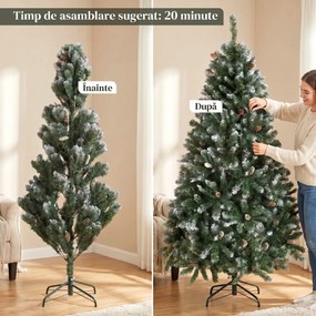 HOMCOM Brad de Crăciun Înzăpezit Înalt 180 cm cu 910 Ramuri, Brad Artificial de Interior cu Conuri Decorative, Bază Metalică Pliabilă, Verde | Aosom Romania