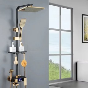 Coloană de duș, cu termostat, afișaj digital, 4 funcții, montare perete, alamă, Negru/Auriu, 8023