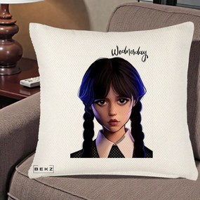 Perna Personalizata Wednesday Addams Portret Realist, 40x40 cm, Crem Reliefat, Husa Detasabila, Perna Inclusa, BEKZ®