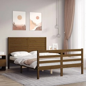 3194999 vidaXL Cadru de pat cu tăblie, dublu mic, maro miere, lemn masiv