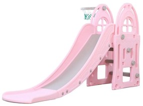 Tobogan Pentru Copii NOVOKIDS™ Happy Mega Slide, Pentru Interior si Exterior, 187 centimetri panta alunecare, Maxim 50 Kg, Cos de baschet inclus, Roz