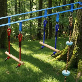 AIYAPLAY Ninja Line Set Slackline copii 24 m cu inele gimnastice, 7 obstacole, bară de cățărat, pod de echilibru pentru 3-6 ani Roșu+Albastru | Aosom Romania