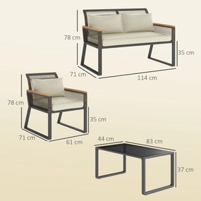 Outsunny Set mobilier de grădină din polyrattan pentru 4 persoane, rezistent la intemperii, set balcon cu canapea 2 locuri, 2 scaune, masă cu sticlă, perne Bej | Aosom Romania