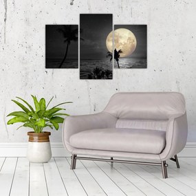 Tablou - Plaja cu lună plină, nuanțe gri (90x60 cm)