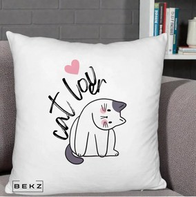 Perna Personalizata Cat Lover Pisica Ilustratie Linie, 40x40 cm, Alb Pufos, Husa Detasabila, Perna Inclusa, BEKZ®