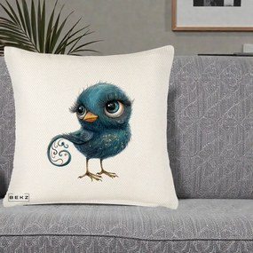 Perna Decorativa Pasare Teal cu Motive Aurii si Coada Spiralata, 40x40 cm, Crem Reliefat, Husa Detasabila, Perna Inclusa, BEKZ®