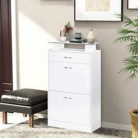 HOMCOM Dulap pentru Pantofi cu 2 Uși pe 2 Niveluri, Sertar și Raft din Sticlă, Dulap pentru Pantofi, 60x24x105,5 cm, Alb | Aosom Romania