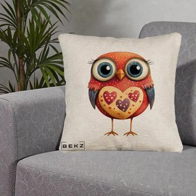 Perna Decorativa Bufnita Rosie cu Inimi Aurii, 40x40 cm, Bej Canapea, Husa Detasabila, Perna Inclusa, BEKZ®