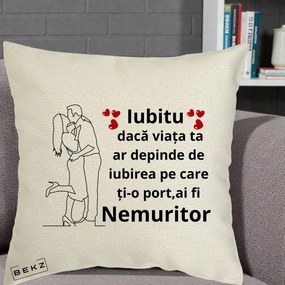 Cadou pentru Iubit - Perna Personalizata Iubitu Nemuritor cu Cuplu Line-Art si Inimi Rosii, 40x40 cm, Ecru, Husa Detasabila, Perna Inclusa, BEKZ®