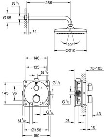 Sistem dus incastrat cu termostat Grohe Grohtherm Perfect Tempesta 210, fara para dus de mana, baterie rotunda