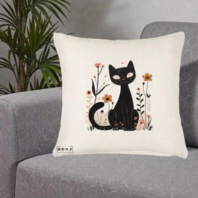 Perna Decorativa Pisica Neagra Flori Pastel Folk, 40x40 cm, Crem Reliefat, Husa Detasabila, Perna Inclusa, BEKZ®