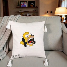 Perna Personalizata Homer Simpson Surpriza, 40x40 cm, Bej cu Franjuri, Husa Detasabila, Perna Inclusa, BEKZ®