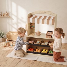AIYAPLAY Magazin de jucărie din lemn pentru copii, tarabă cu alimente, tablă, 61 accesorii, 3-8 ani, culoare lemn | Aosom Romania