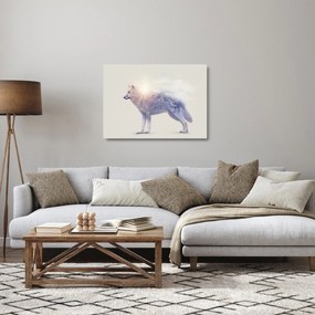 Tablou pe sticlă - Lupul arctic oglindit în peisaj sălbatic (70x50 cm)