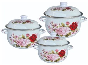 Set 3 oale cu capac emailat Rosberg R54518E3, 6 piese, Emailate, Inductie, Alb/imprimeu floral