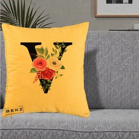 Cadou Personalizat - Perna Personalizata Monograma Florala Litera V cu Buchet, 40x40 cm, Galben, Husa Detasabila, Perna Inclusa, BEKZ®